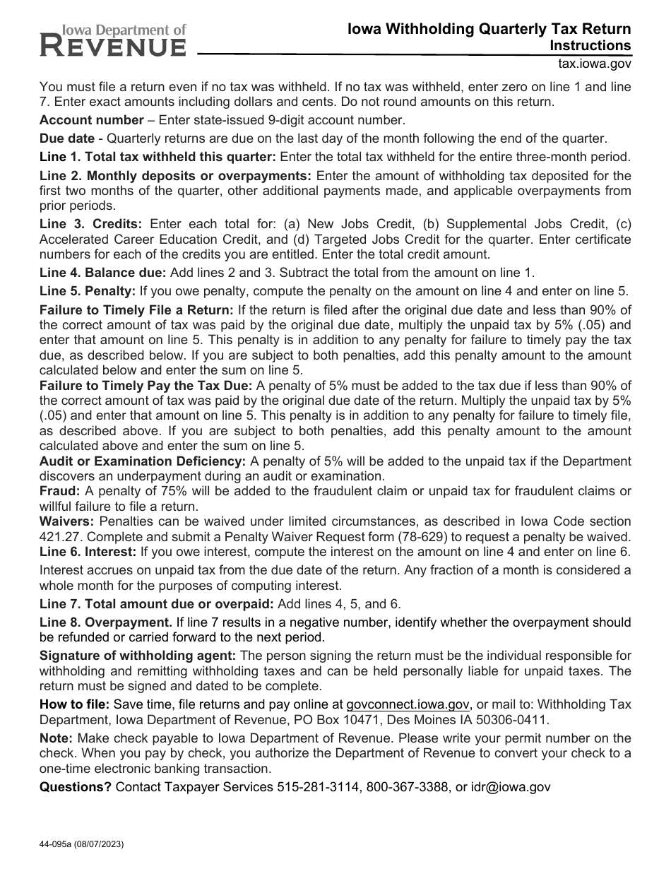 Form 44-095 Iowa Withholding Quarterly Tax Return - Iowa, Page 1