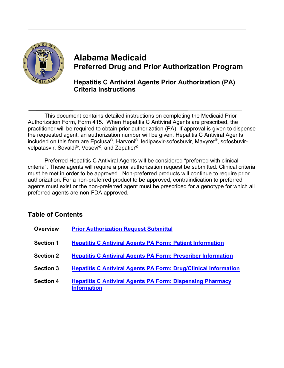 Instructions for Form 415 Hepatitis C Antiviral Agents Pa Request Form - Alabama, Page 1