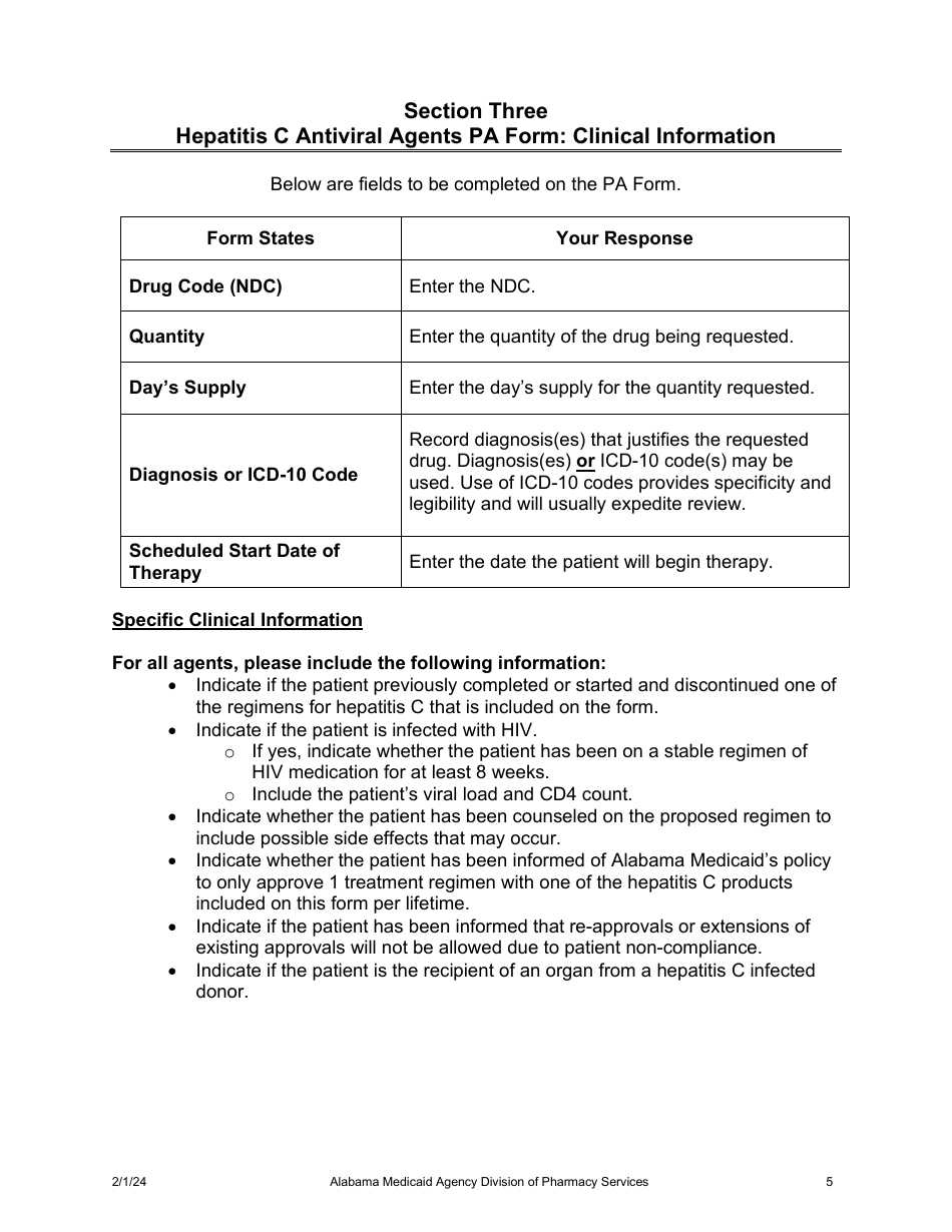 Instructions for Form 415 Hepatitis C Antiviral Agents Pa Request Form - Alabama, Page 5