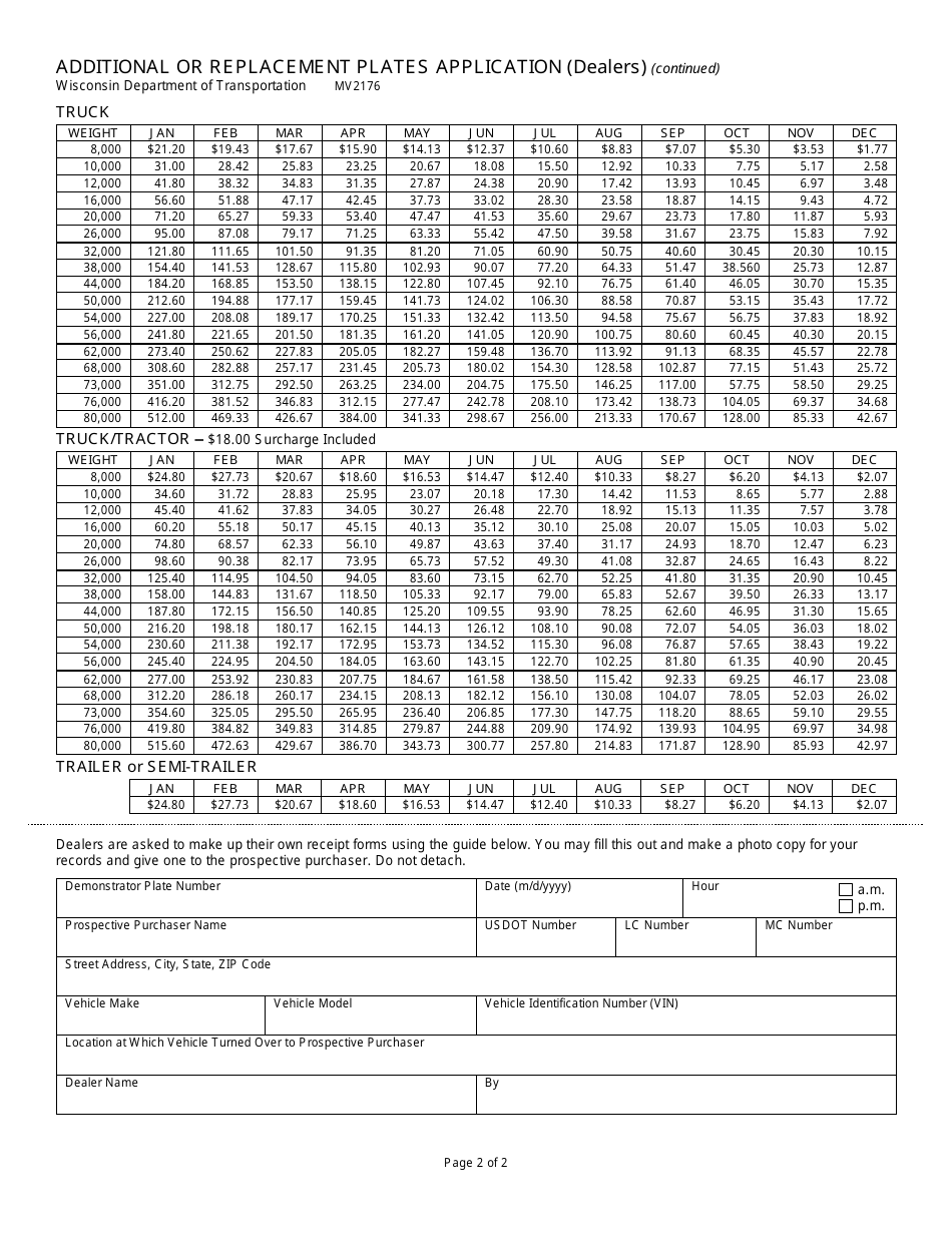 Form MV2176 Additional or Replacement Plates Application (Dealers) - Wisconsin, Page 2