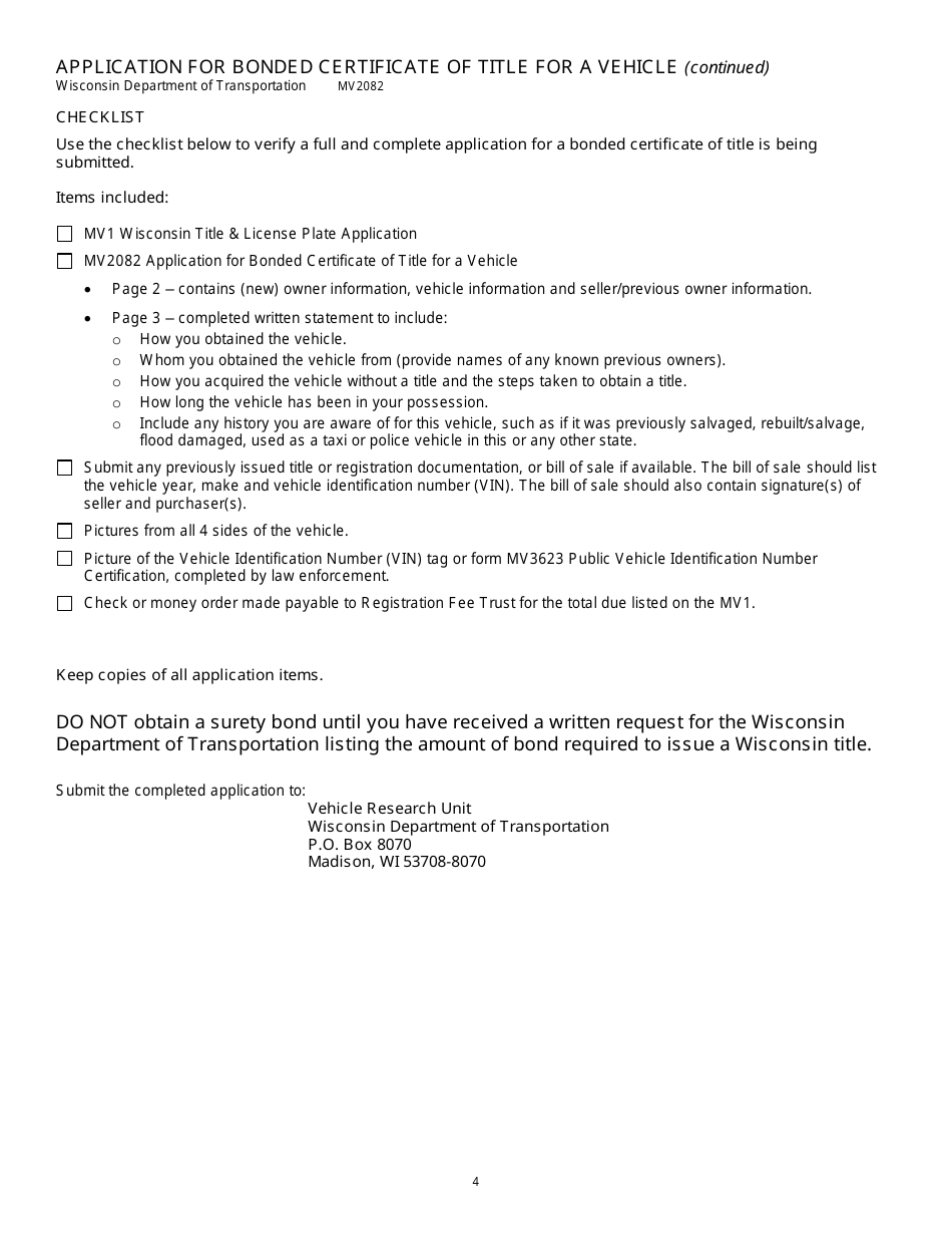 Form MV2082 Application for Bonded Certificate of Title for a Vehicle - Wisconsin, Page 4
