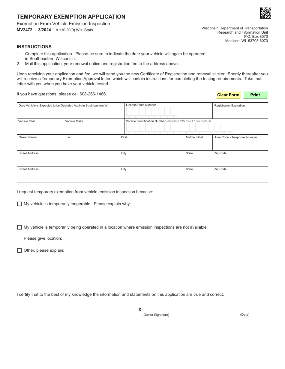 Form MV2472 Temporary Exemption Application - Wisconsin, Page 1