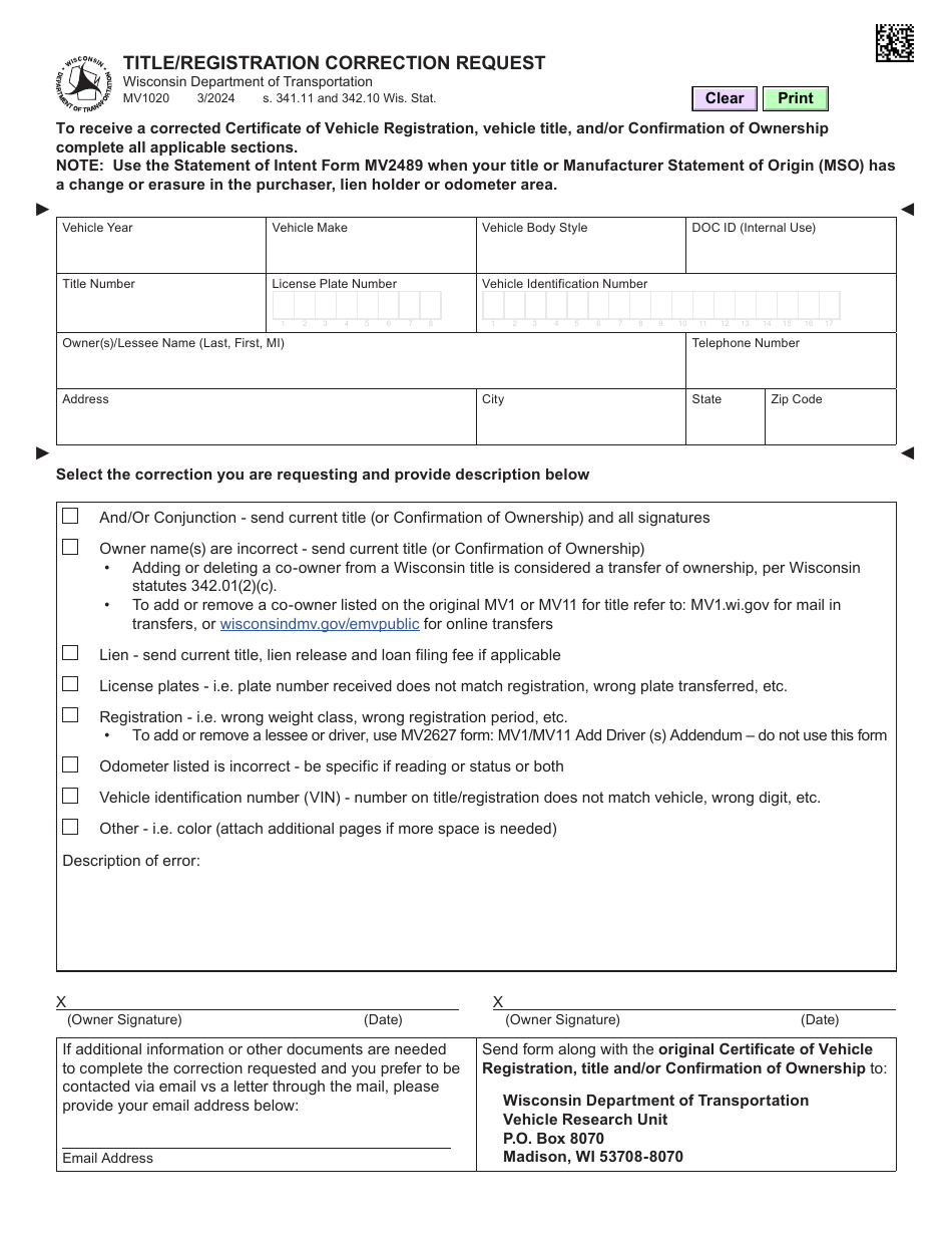 Form MV1020 Title / Registration Correction Request - Wisconsin, Page 1