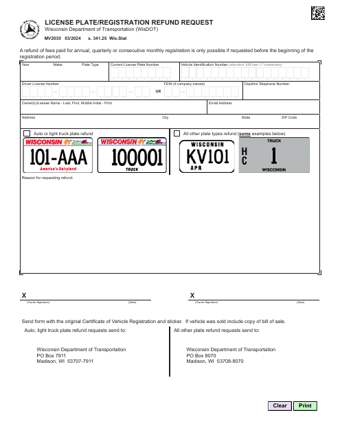 Form MV2030 License Plate/Registration Refund Request - Wisconsin