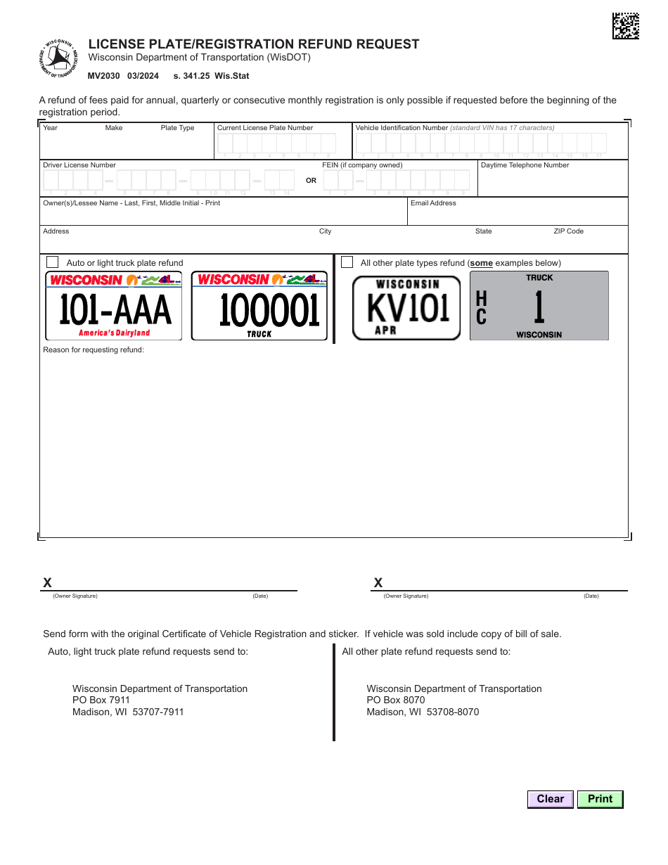 Form MV2030 License Plate / Registration Refund Request - Wisconsin, Page 1