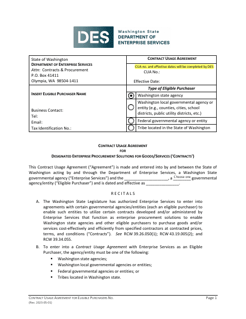 Contract Use Agreement for Designated Enterprise Procurement Solutions for Goods/Services - Washington