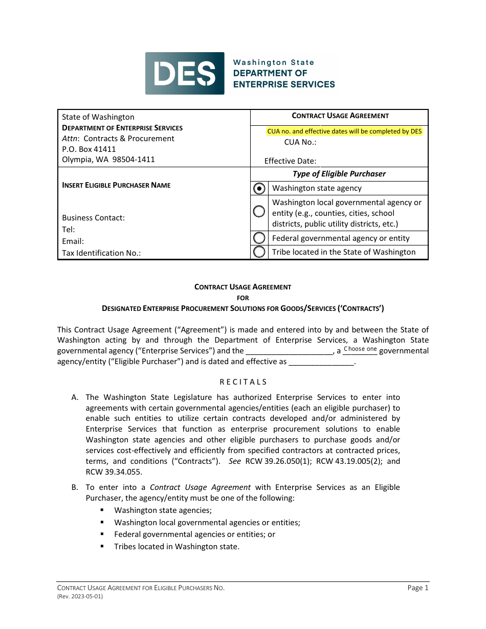 Contract Use Agreement for Designated Enterprise Procurement Solutions for Goods / Services - Washington, Page 1