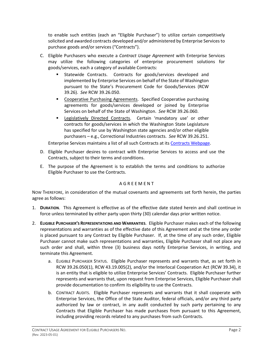 Contract Use Agreement for Designated Enterprise Procurement Solutions for Goods / Services - Washington, Page 2