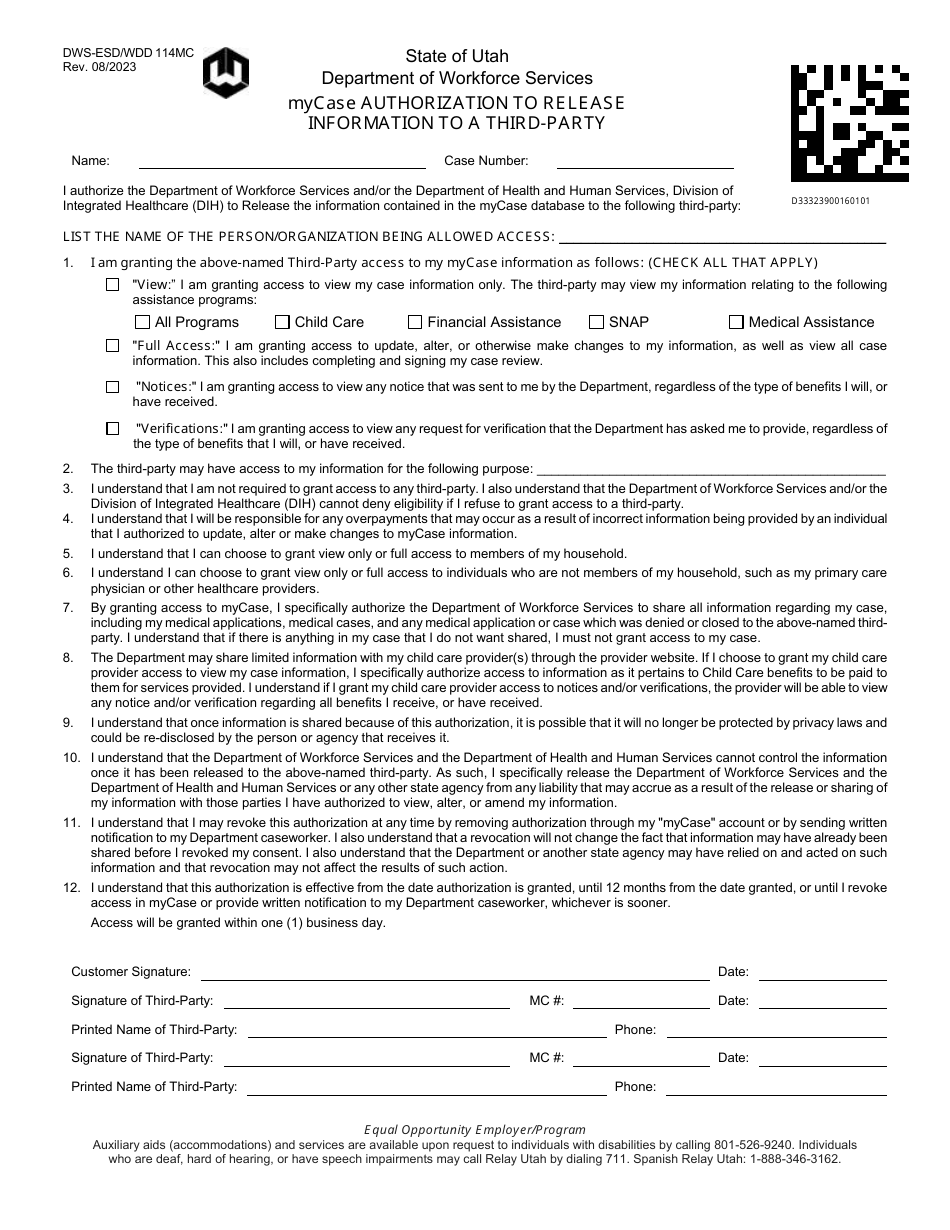 Form DWS-ESD / WDD114MC Mycase Authorization to Release Information to a Third Party - Utah, Page 1