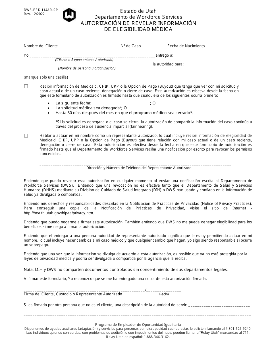 Formulario DWS-ESD114AR-SP Autorizacion De Revelar Informacion De Elegibilidad Medica - Utah (Spanish), Page 1