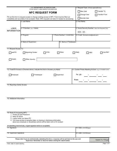 FSIS Form 1360-10 Nfc Request Form