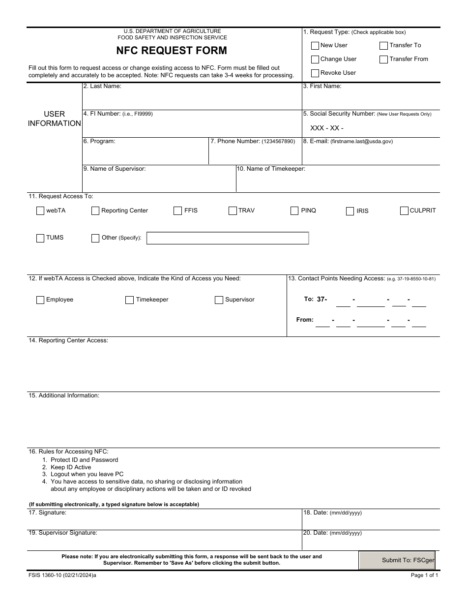 FSIS Form 1360-10 Nfc Request Form, Page 1