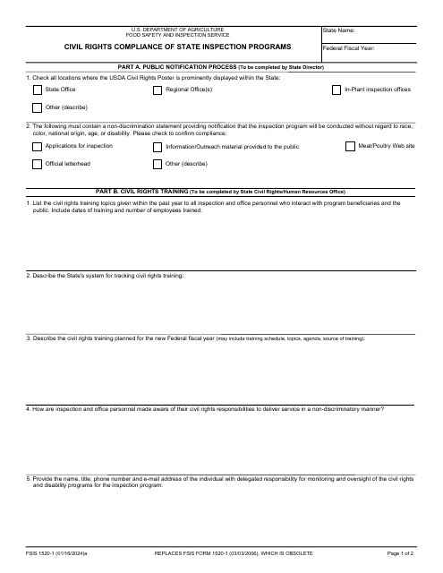 FSIS Form 1520-1 Civil Rights Compliance of State Inspection Programs