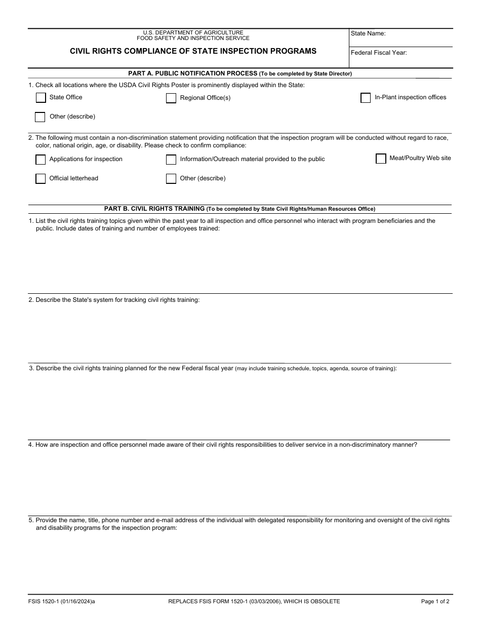 FSIS Form 1520-1 Civil Rights Compliance of State Inspection Programs, Page 1