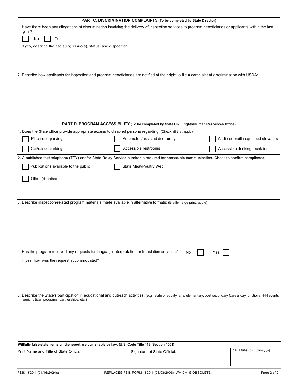 FSIS Form 1520-1 Civil Rights Compliance of State Inspection Programs, Page 2