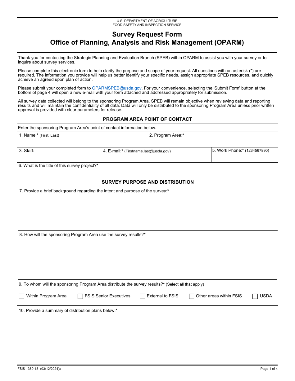 FSIS Form 1360-18 Survey Request Form - Office of Planning, Analysis and Risk Management (Oparm), Page 1