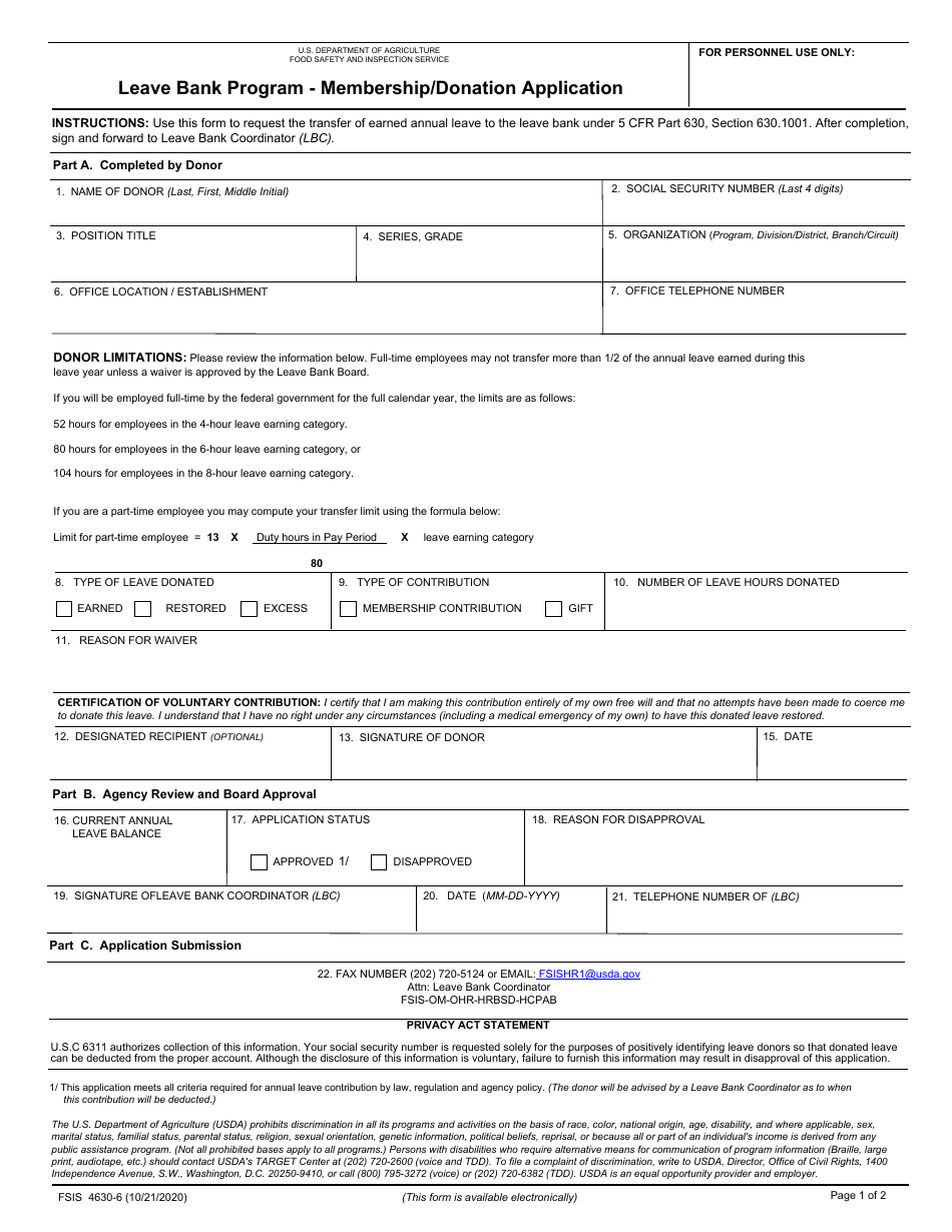 FSIS Form 4630-6 Membership / Donation Application - Leave Bank Program, Page 1