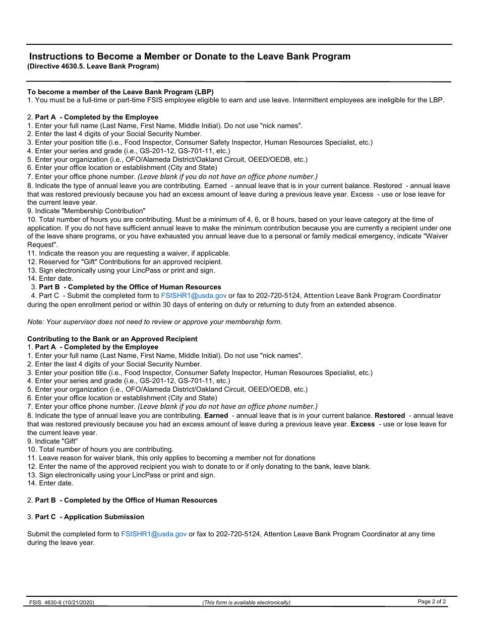 FSIS Form 4630-6 Membership / Donation Application - Leave Bank Program, Page 2