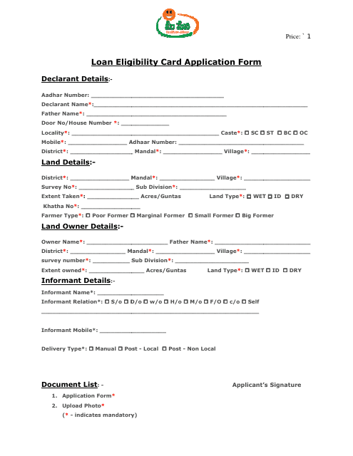 &quot;Loan Eligibility Card Application Form&quot; - India Download Pdf