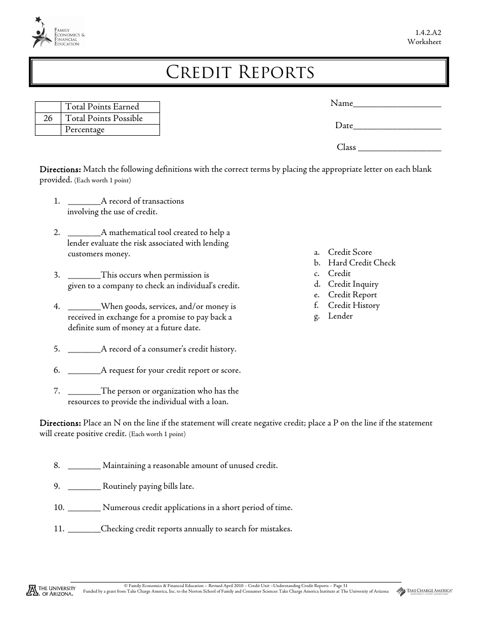 Credit Reports 1.4.2.a2 Worksheet - Family Economics  Financial Education, the University of Arizona, Page 1