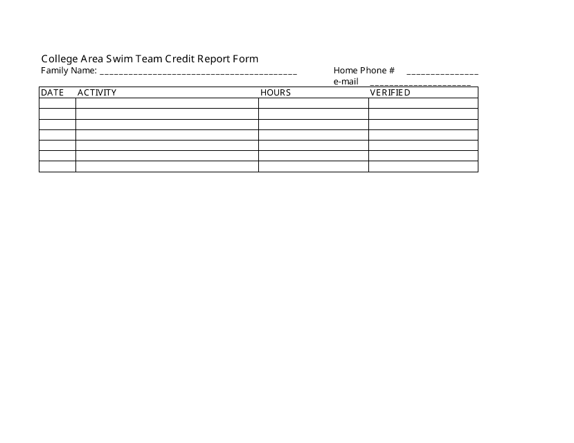 College Area Swim Team Credit Report Form