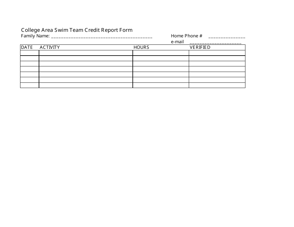 College Area Swim Team Credit Report Form, Page 1