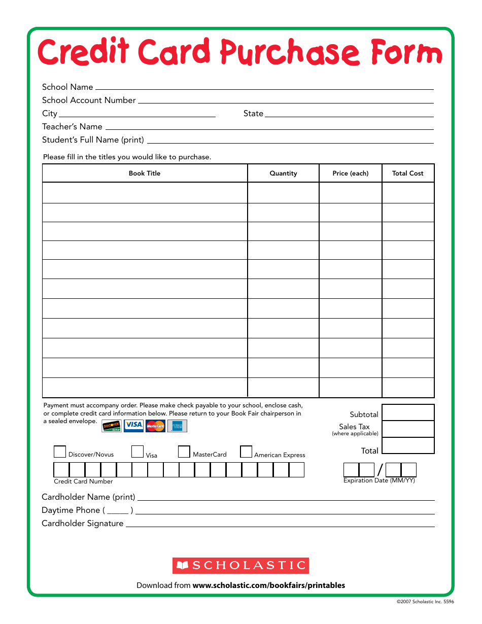 Credit Card Purchase Form - Scholastic, Page 1