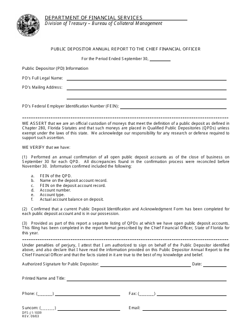 Form DFS-J1-1009 Public Depositor Annual Report to the Chief Financial Officer - Florida