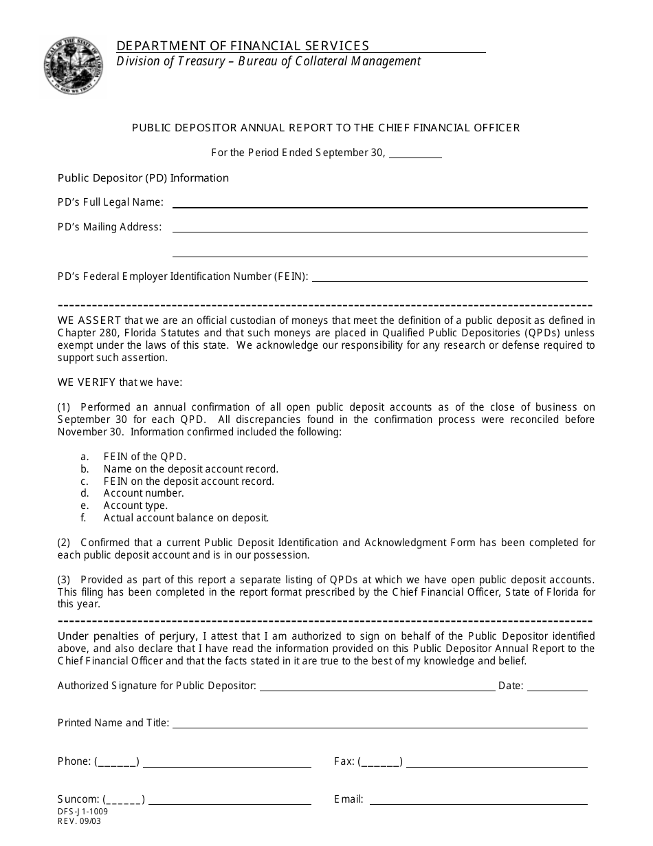 Form DFS-J1-1009 Public Depositor Annual Report to the Chief Financial Officer - Florida, Page 1