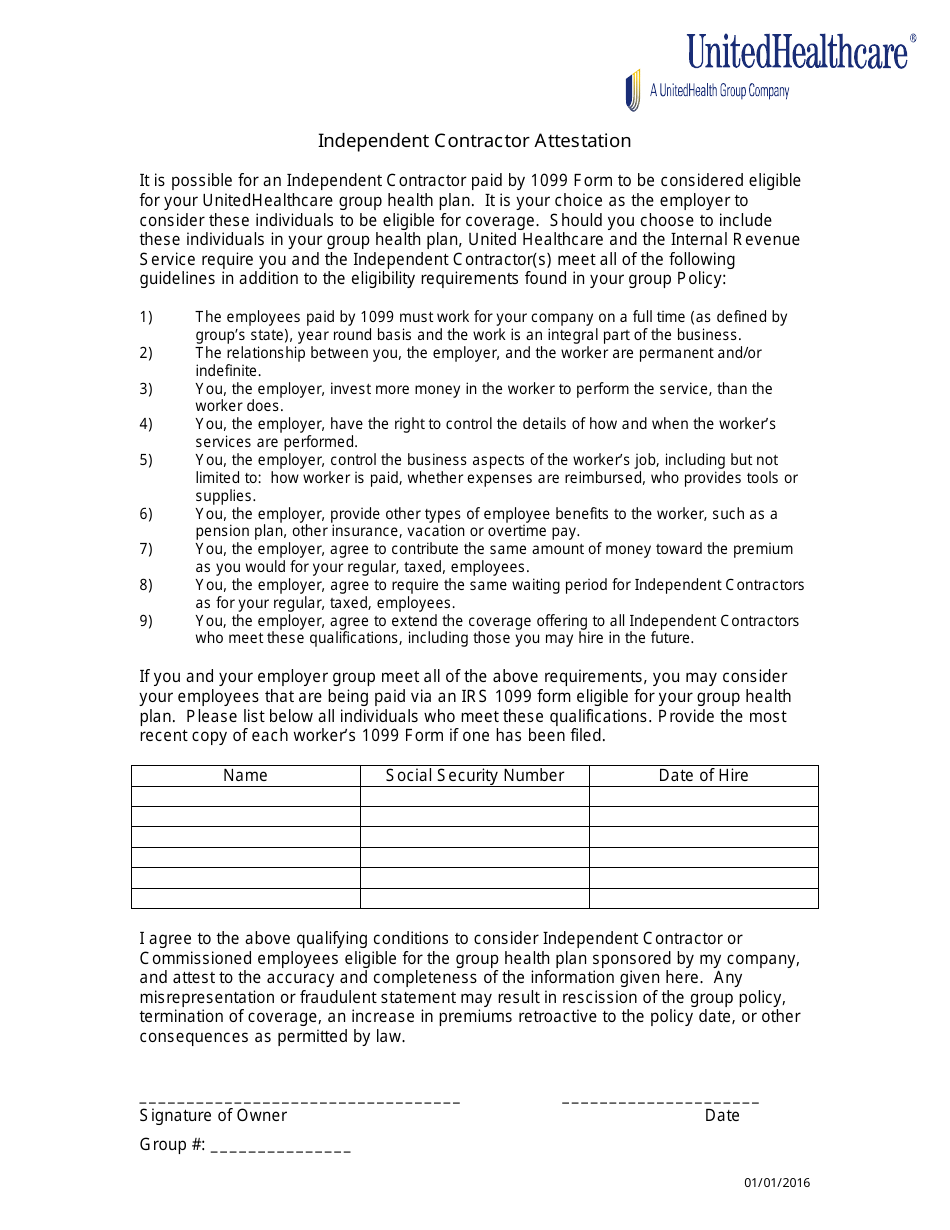 Independent Contractor Attestation Form Broker Unitedhealthcare Download Printable Pdf Templateroller