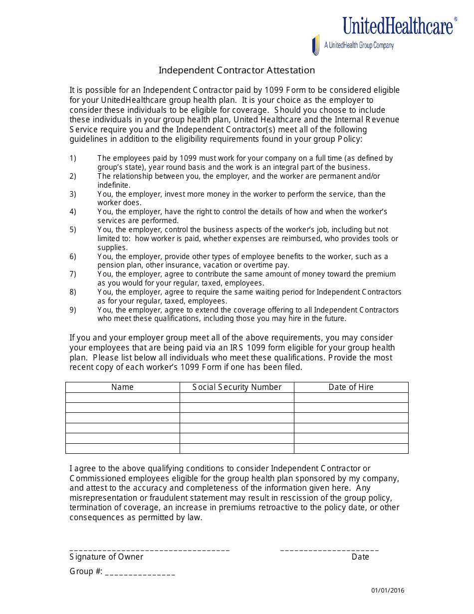 Independent Contractor Attestation Form - Broker - Unitedhealthcare, Page 1
