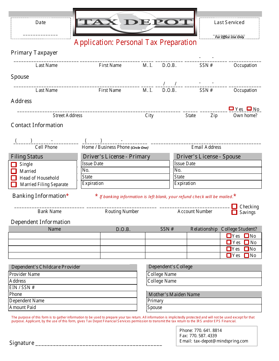 Personal Tax Preparation Application Form - Tax Depot, Page 1