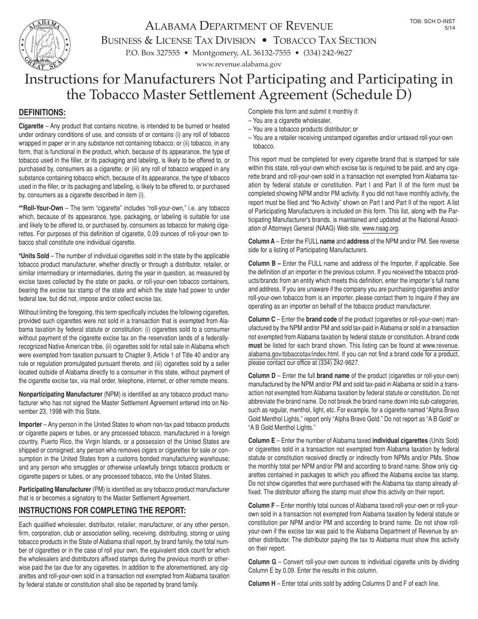 Schedule D Manufacturers Not Participating in the Tobacco Master Settlement Agreement (Including Importers) - Alabama, Page 3
