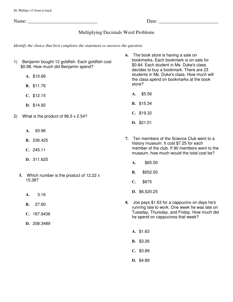 Multiplying Decimals Word Problems Worksheet With Answer Key Download 