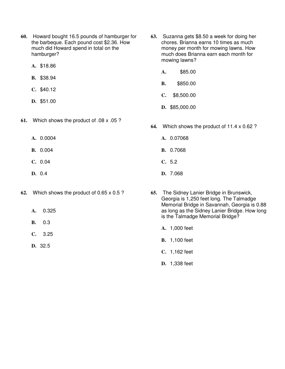 Multiplying Decimals Word Problems Worksheet With Answer Key, Page 10