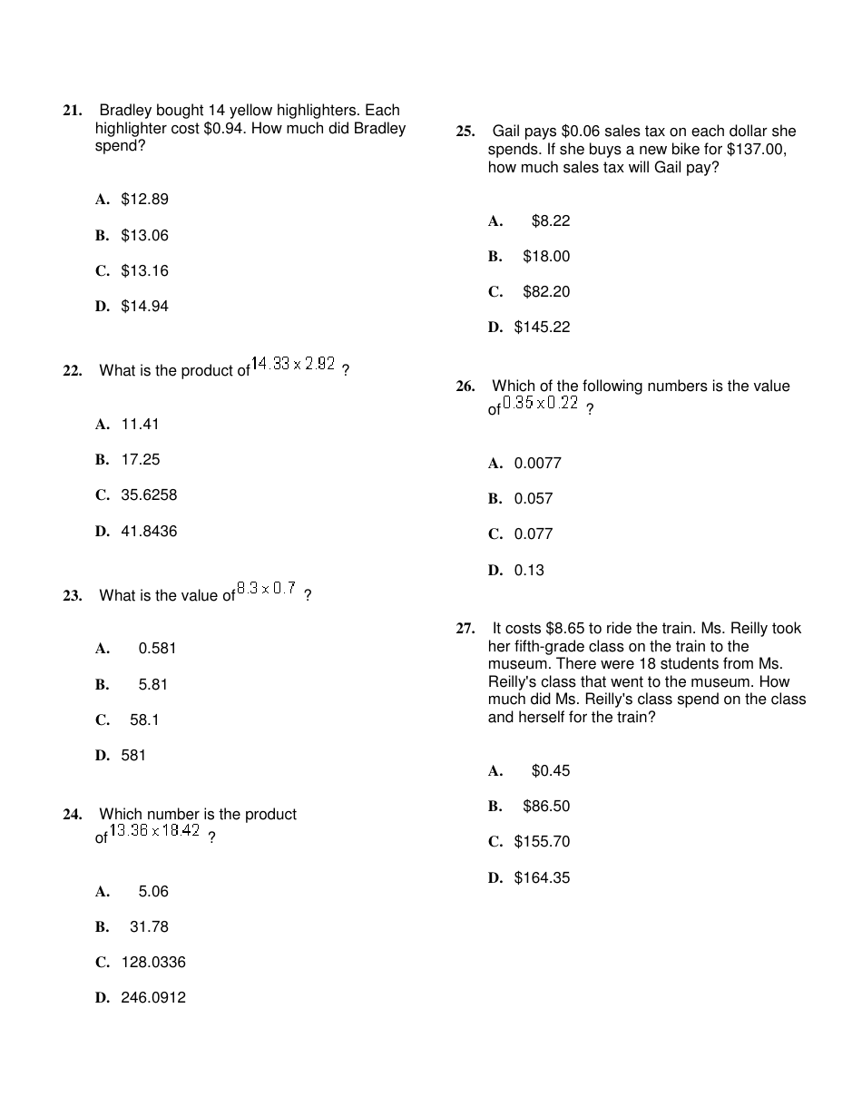 Multiplying Decimals Word Problems Worksheet With Answer Key Download ...