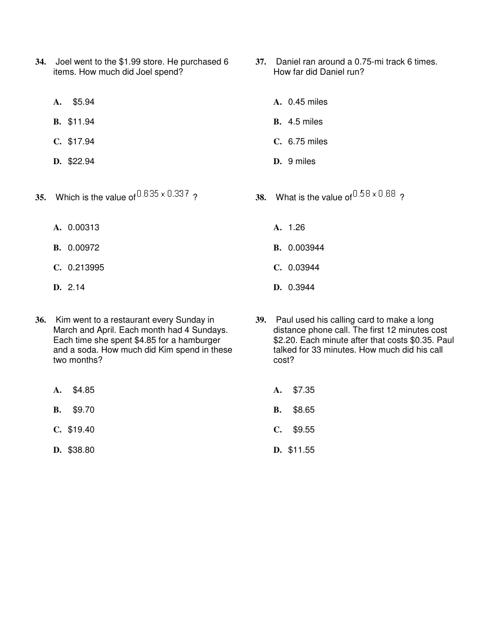 Multiplying Decimals Word Problems Worksheet With Answer Key Download ...