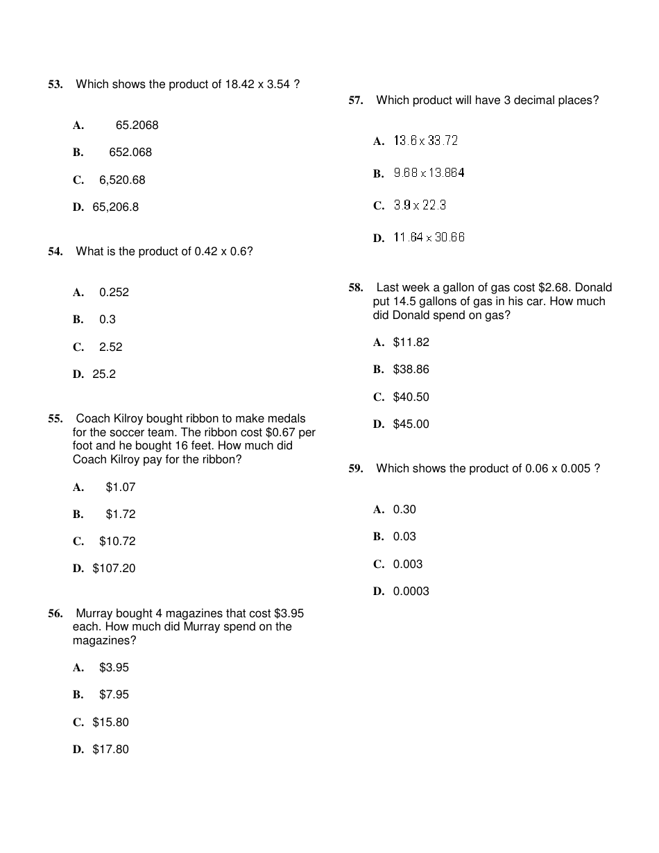 Multiplying Decimals Word Problems Worksheet With Answer Key Download ...