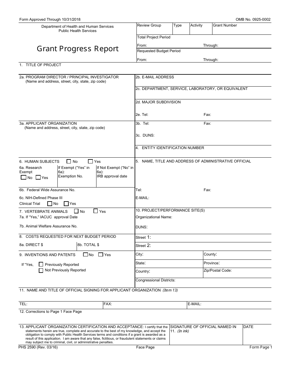 Form PHS2590 Grant Progress Report, Page 1