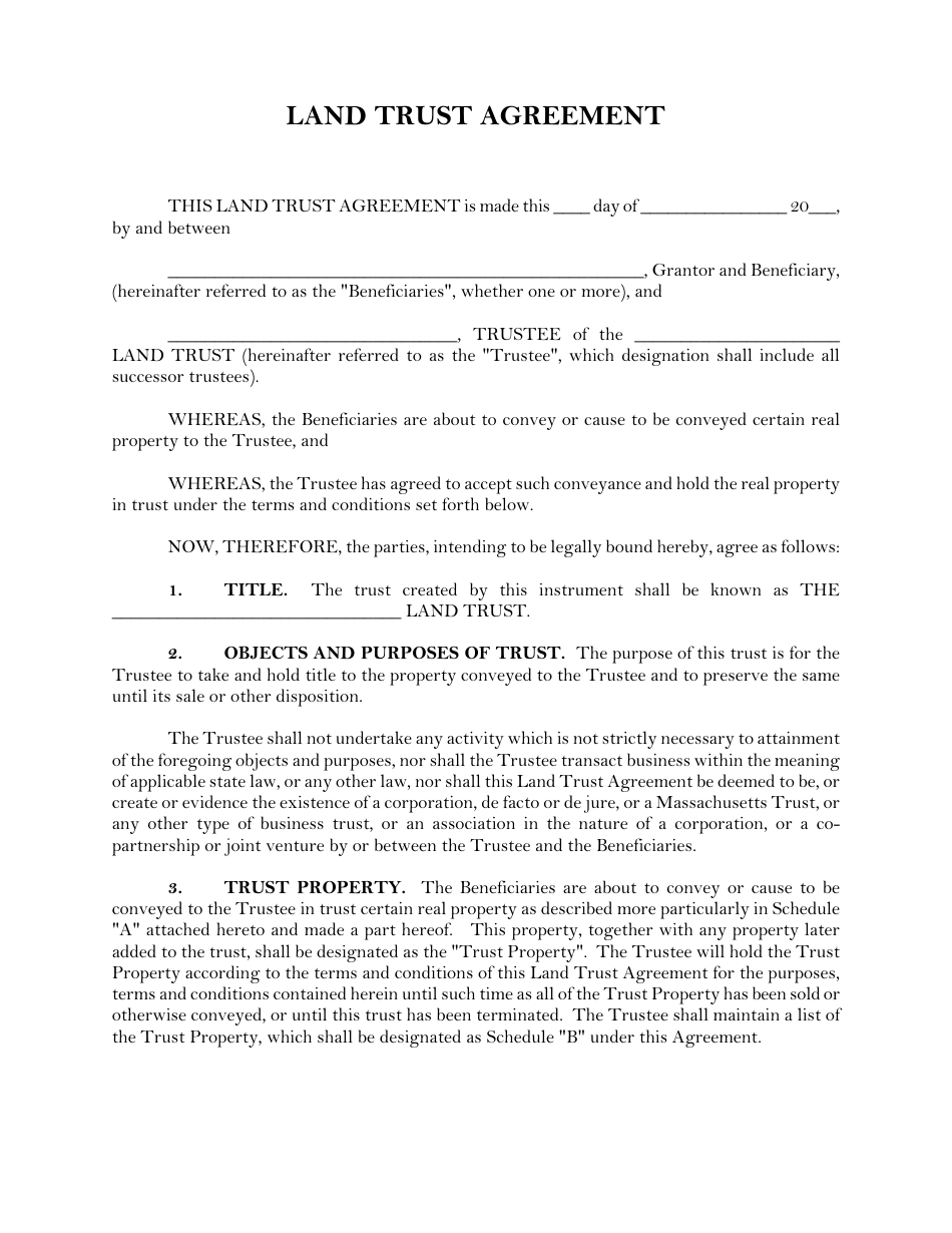Land Trust Agreement Template - Massachusetts, Page 1