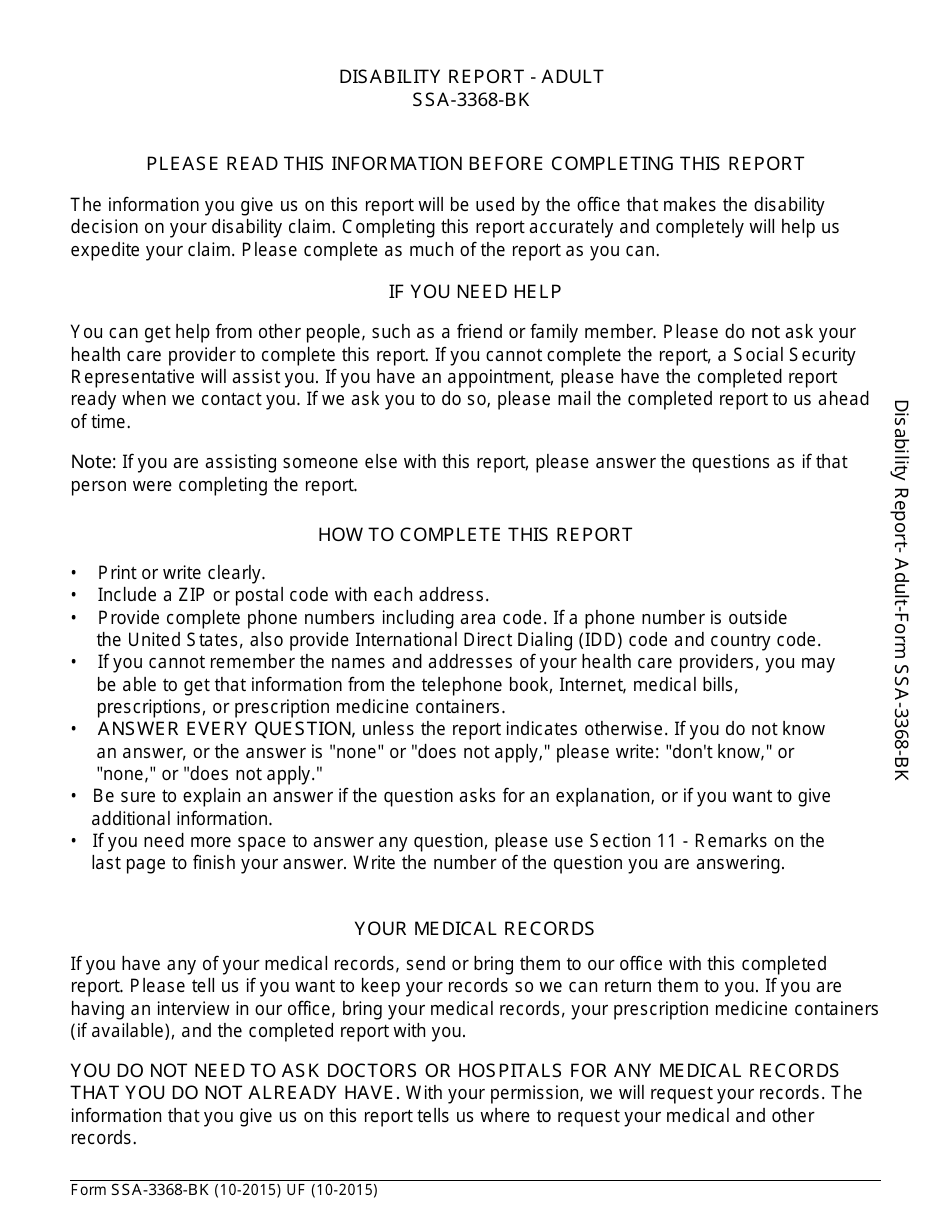 Form SSA3368BK Fill Out, Sign Online and Download Fillable PDF