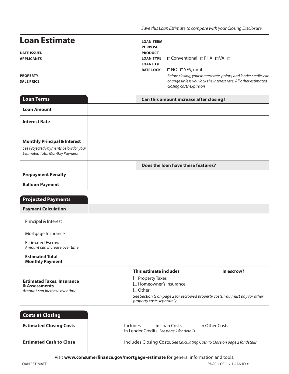 Loan Estimate Form, Page 1