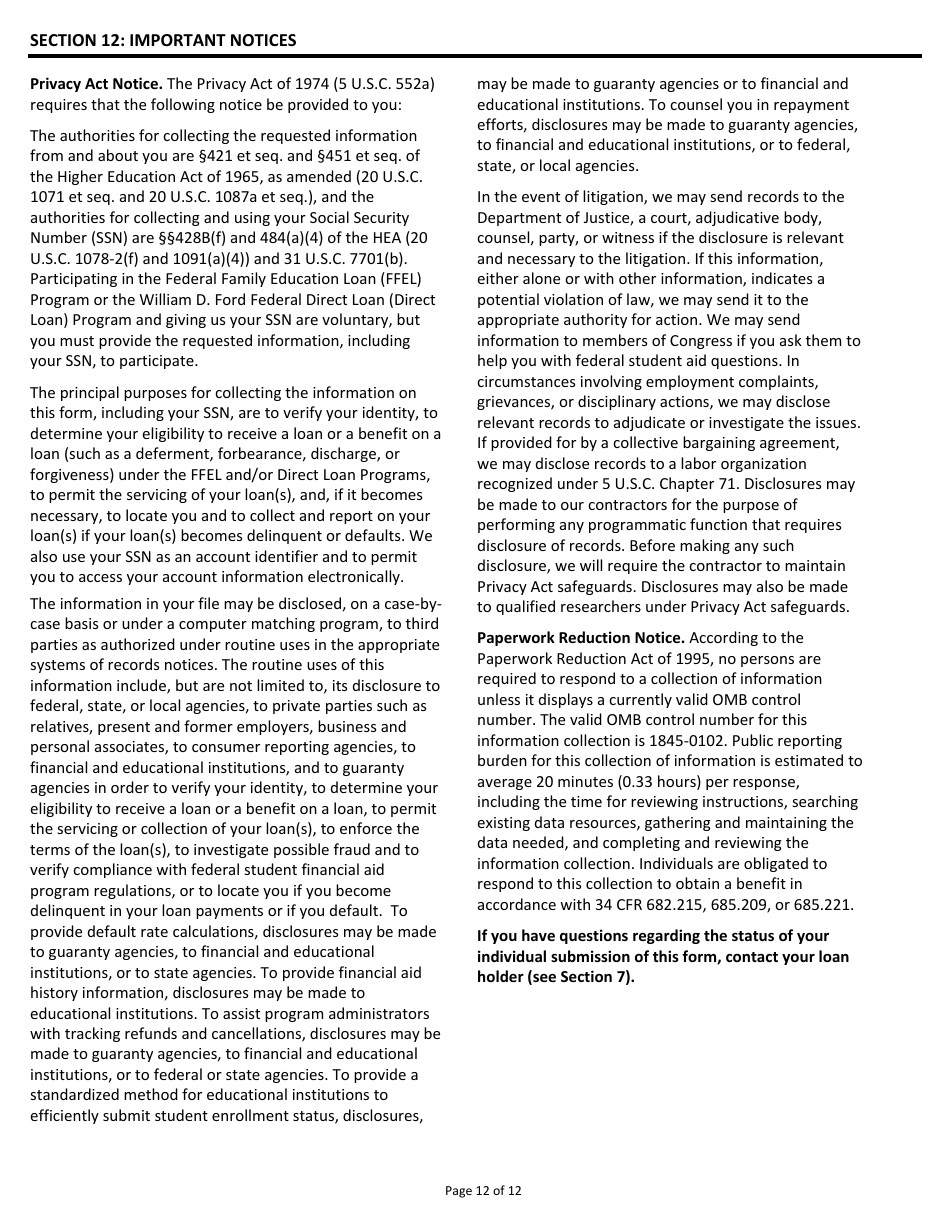 OMB Form 1845-0102 Income-Driven Repayment Plan Request, Page 12