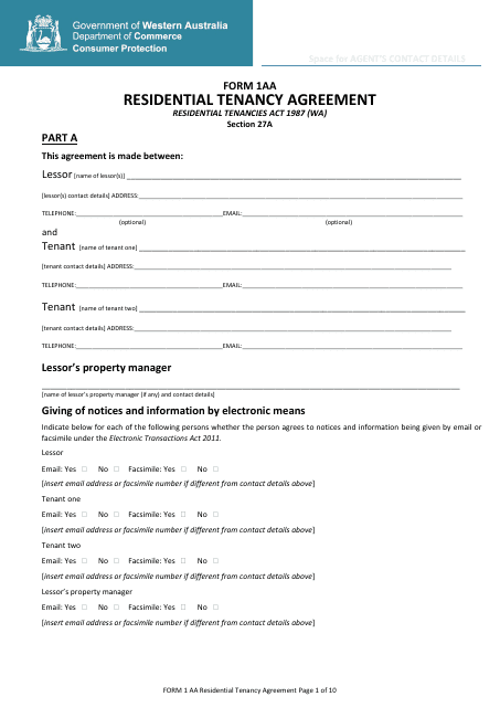 form 1aa download printable pdf or fill online residential tenancy agreement western australia australia templateroller