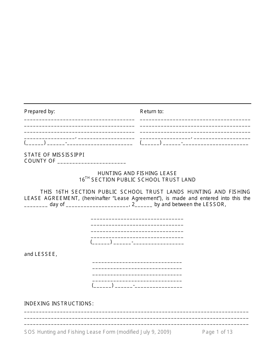 Mississippi Hunting and Fishing Lease Form 16th Section Public School