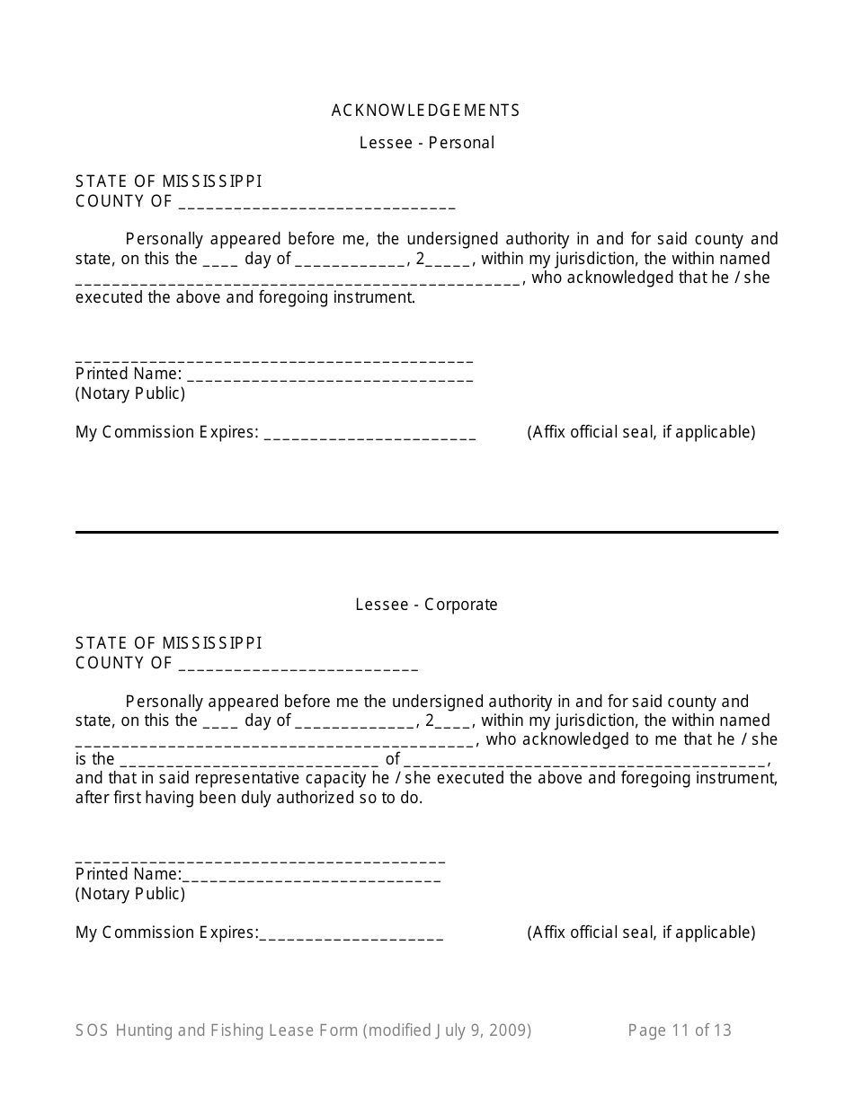 Hunting and Fishing Lease Form - 16th Section Public School Trust Land - Mississippi, Page 11