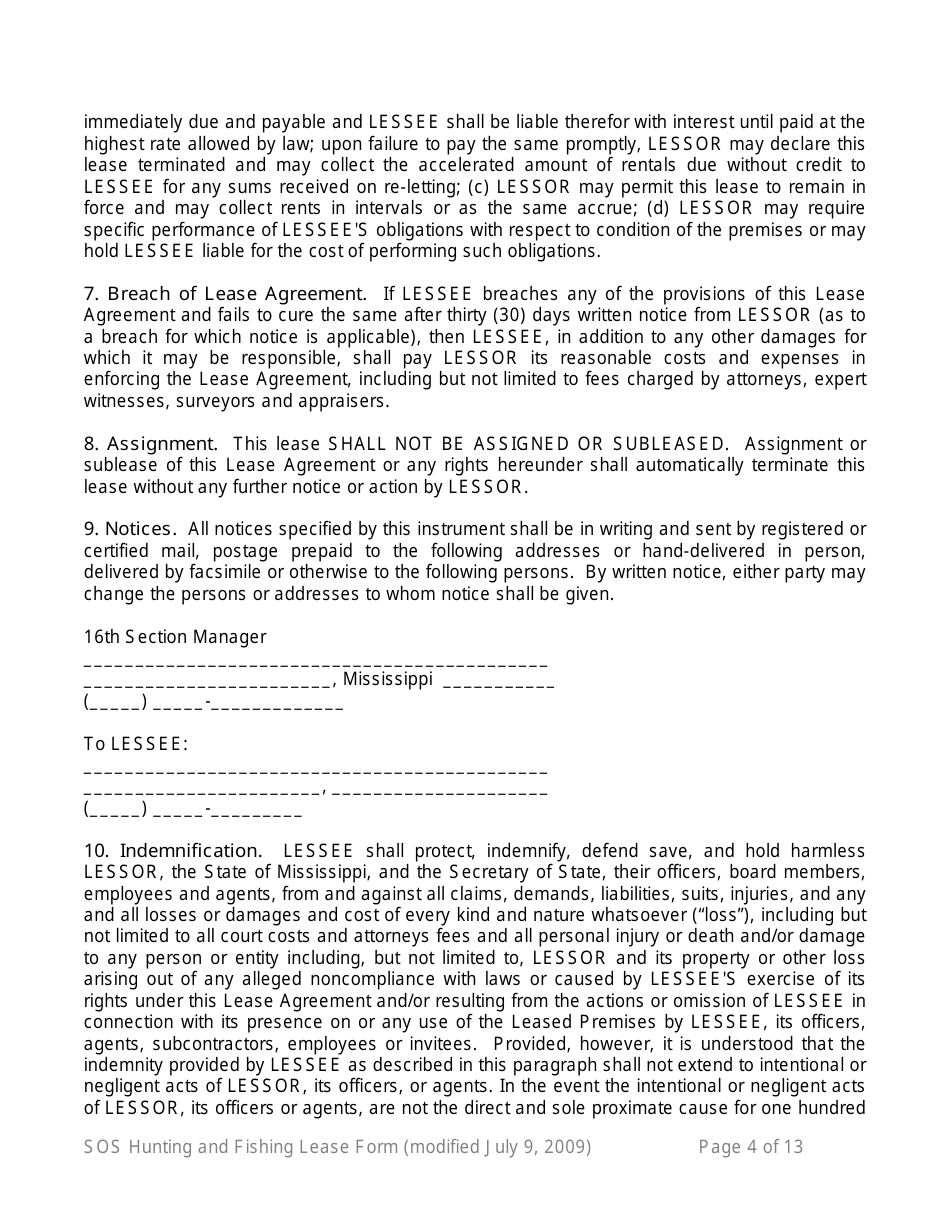 Hunting and Fishing Lease Form - 16th Section Public School Trust Land - Mississippi, Page 4