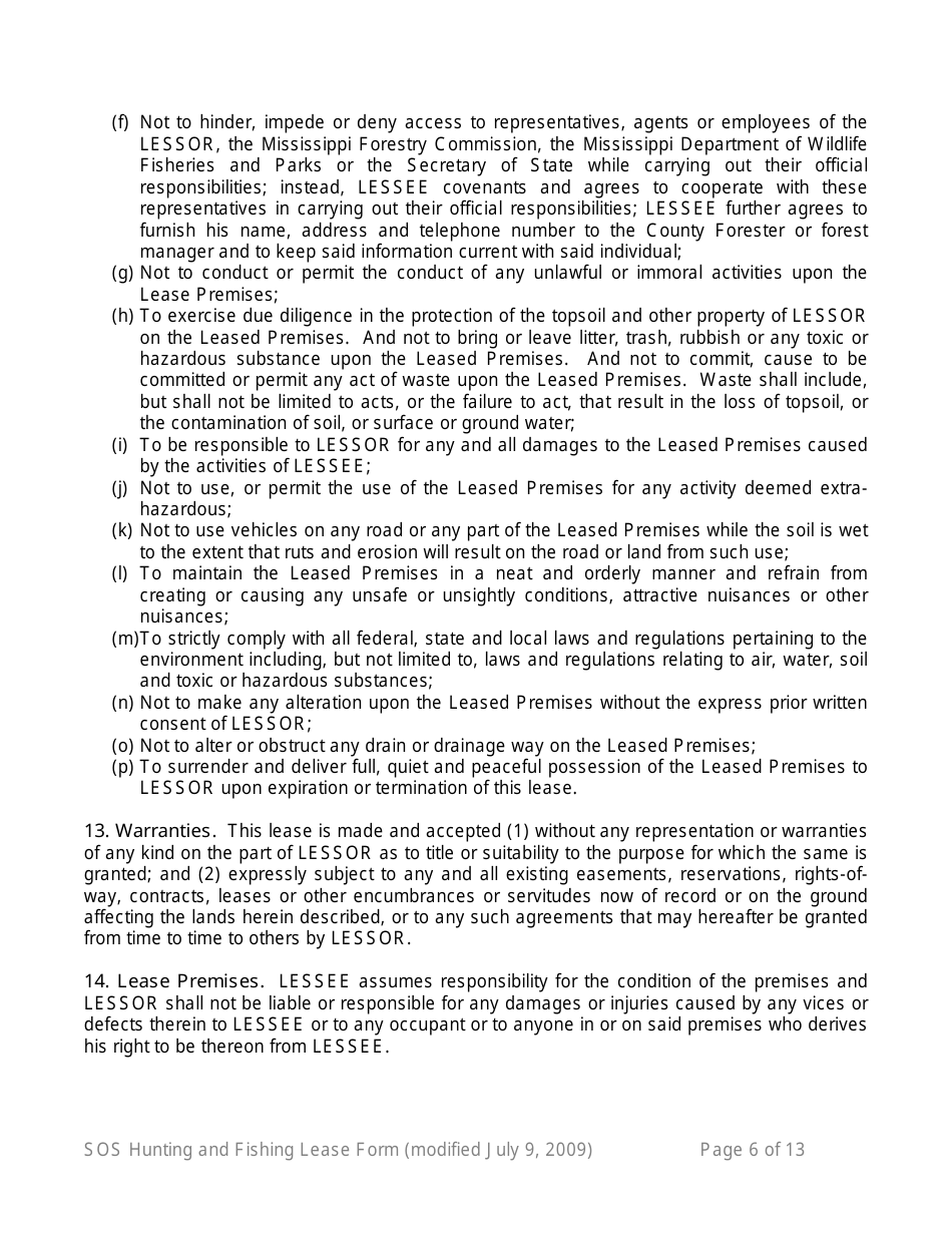 Hunting and Fishing Lease Form - 16th Section Public School Trust Land - Mississippi, Page 6