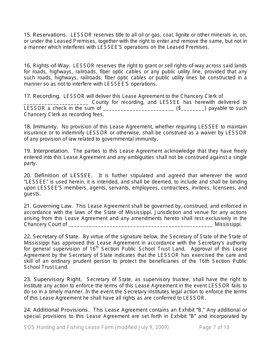 Hunting and Fishing Lease Form - 16th Section Public School Trust Land - Mississippi, Page 7
