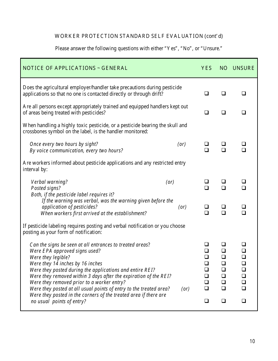 Worker Protection Standard Self Evaluation Checklist Form - Arizona, Page 10